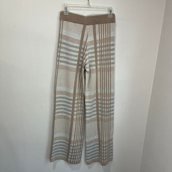 Elie Tahari XS Knit Lounge Pants Neutral Birdseye Plaid Wide Leg Soft Comfy Chic - Picture 3 of 11